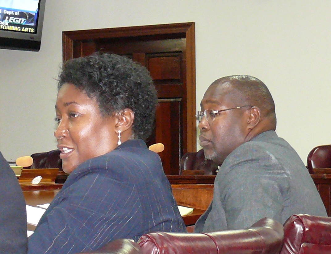 Education Commissioner LaVerne Terry testifies regarding a possible new St. Croix Central High School, with St. Croix School Superintendent Gary Molloy to the right.