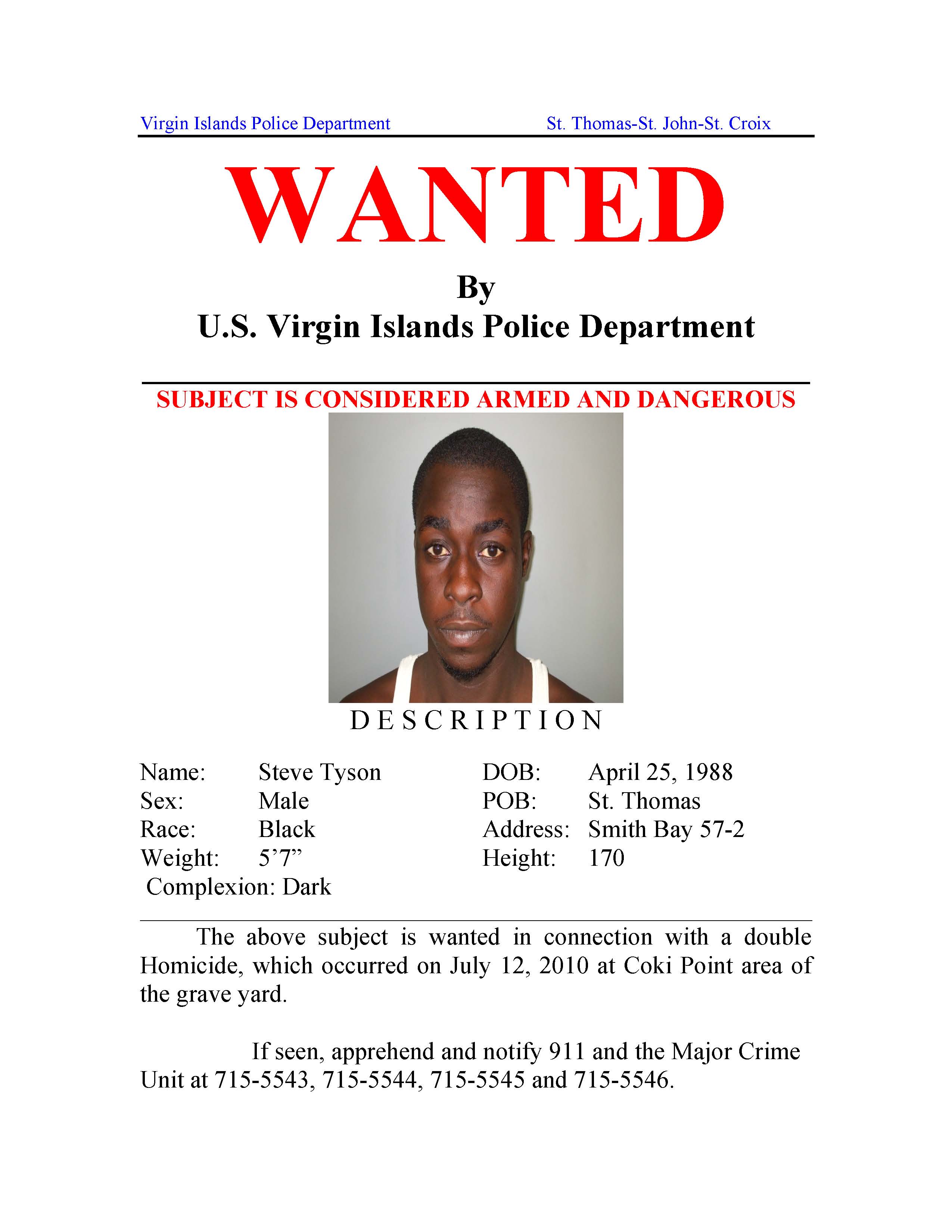 The wanted posted issued by VIPD for suspect Steve Tyson.