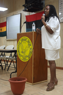 Felicia Blake of the Pan-African Support Group speaks Fridayat the group's forum.