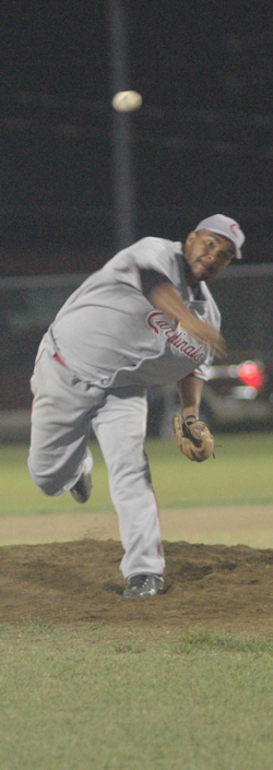 Cardinals pitcher Miguel Rodrigez was locked in a 2-2 battle against the Vikings in game two.