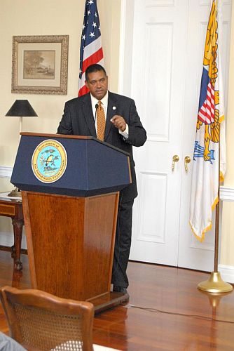 Gov. John deJongh Jr. talks more budget cutbacks during Tuesday's press conference (Photo courtesy of Government House).