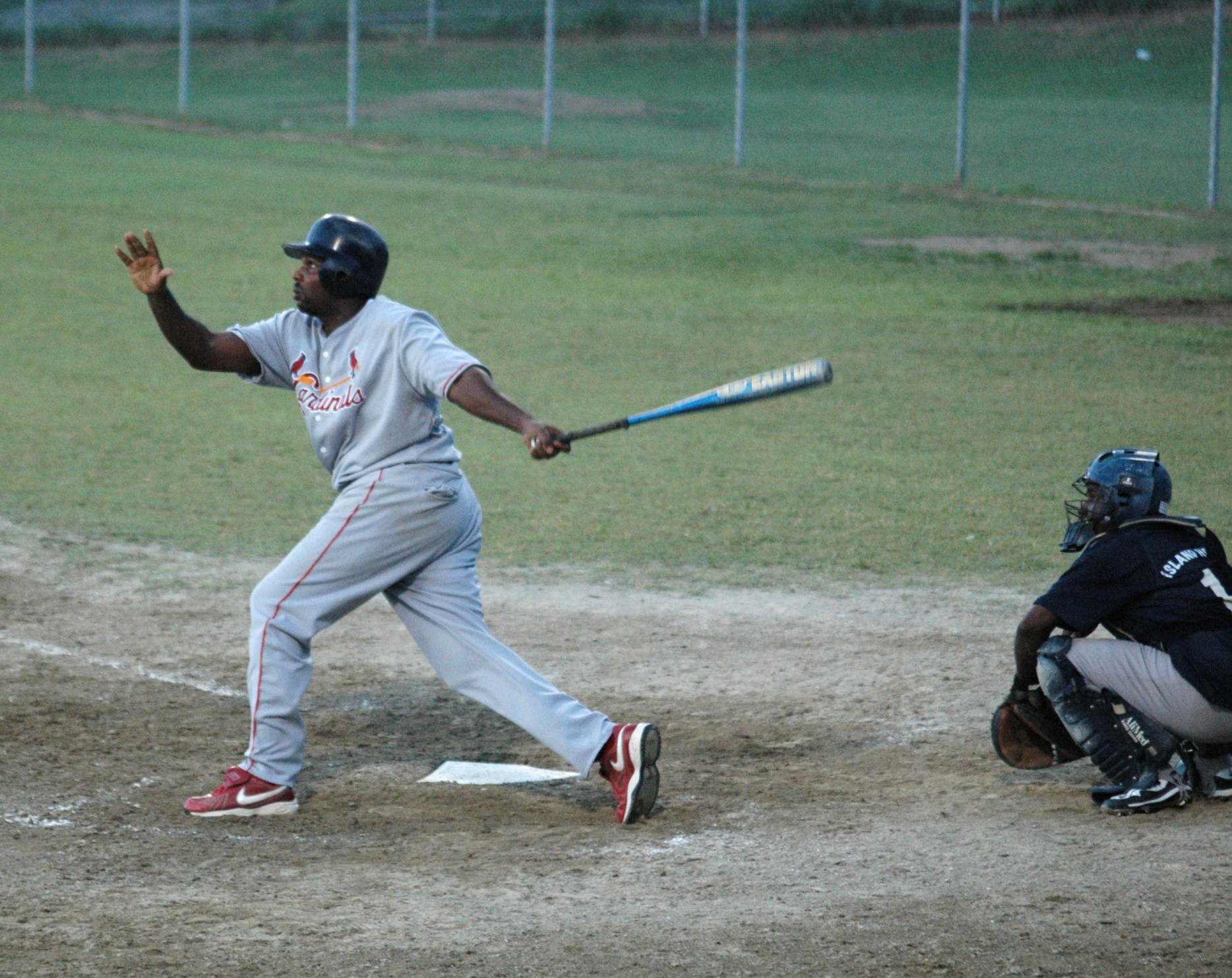 Cardinals' Norbert Pickering drove a long single off the left field fence in the eight-run fourth.