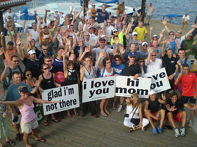 Triathletes on the Christiansted boardwalk.