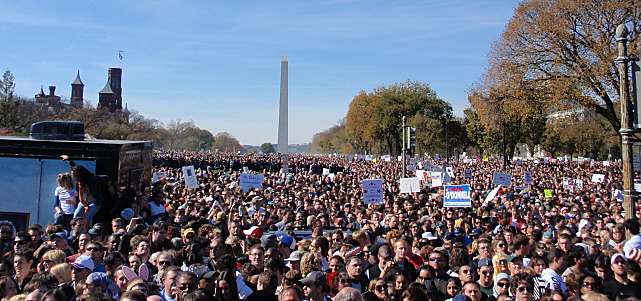 The throngs along the National Mall, with the Washington Monument as backdrop. (Click to enlarge)