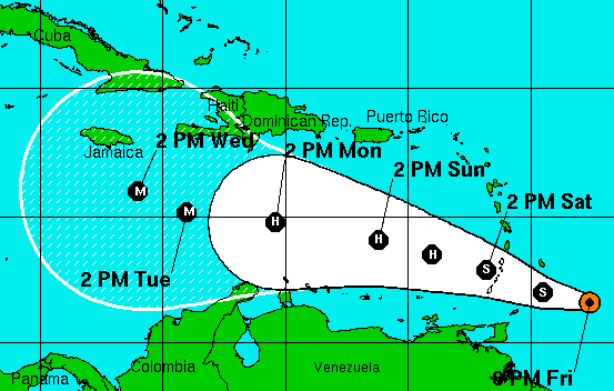 Forecast path of Tropical Storm Tomas; click to enlarge. (NOAA image)