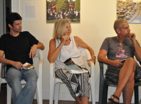Artists Jason Mena, Janet Cook-Rutnik and Luis Carle at the 'Paradise Lost' panel discussion.