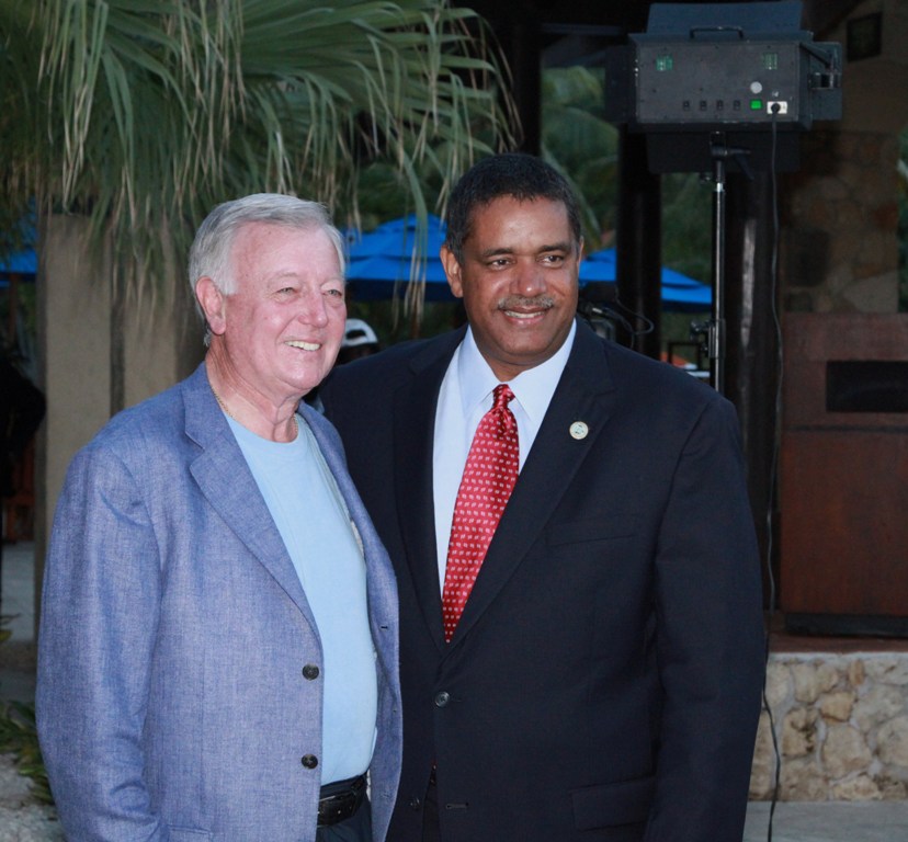 Gov. John deJongh Jr. with Carambola owner Larry Vaughn at Thursday's ceremony commemorating the resort joining the Marriott Renaissance brand.