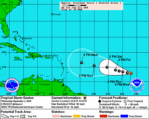 Tracking data for Tropical Storm Gaston. (Graphic courtesy National Hurricane Center)