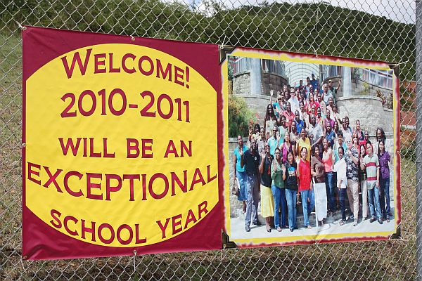 The motivational banner at the front gate of Bertha C. Boschulte, welcoming students and teachers alike.