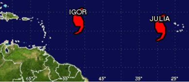 National Hurricane Center;s map shows Igor, left and Julia.