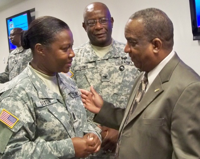 Frm left, Command Sgt. Maj. Althea Dixon, Col. Elton Lewis and William White discuss leadership strategies. 