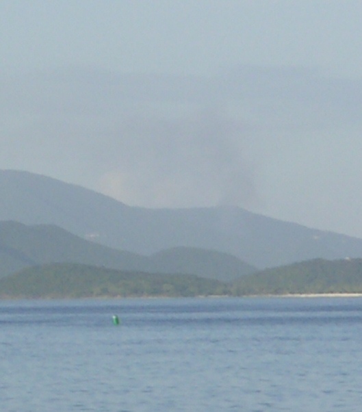 A view of the smoke, taken last week from the barge leaving Red Hook, St. Thomas to Cruz Bay. (Photo courtesy Sharon Coldren)
