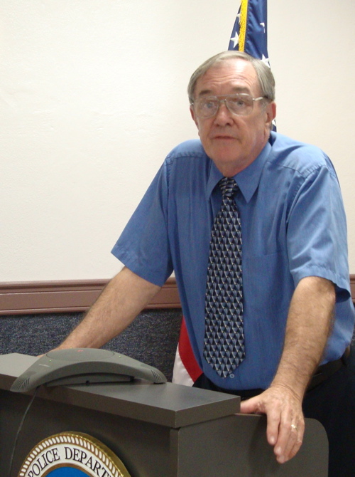 Alan Brown of Crime Stoppers USVI speaks at Monday's press conference.