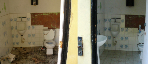 The Fish Market restroom before and after repairs.