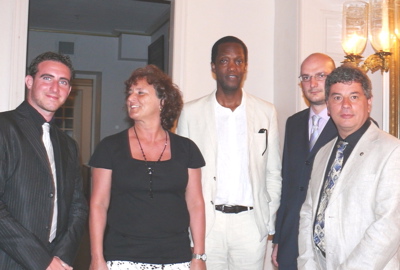 At Friday's gathering, from left, Allessandro Bientinesi, reporter for the Tuscan daily 'Il Tirreno'; Dora Rucker, assistant to the delegation chief; Sen. Wayne James; Manuele Ciabatti, consigliere communale for Montescudaio; and Loris Caprai, capo delegazione or chief of the delegation.