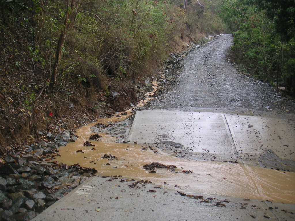 Swale funneling water across the Johnny Horn Trail road and into the gut. (Photo courtesy Coral Bay Community Council)