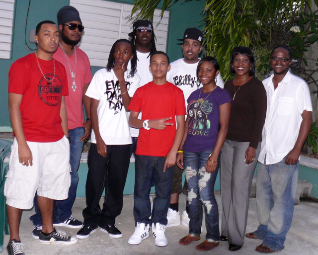 LIATI music director Masai Harris, reggae artist Delyno 'Pressure' Brown, rapper Raynaldo 'TSR' Canton, Collis 'DJ Crunkmaster' Mitchell, singer Verse Simmonds, singer Rena Faith, STB President Cheryl Francis and LIATI Project Coordinator Kareem Francis at Friday's meet and greet at Villa Morales Restaurant.