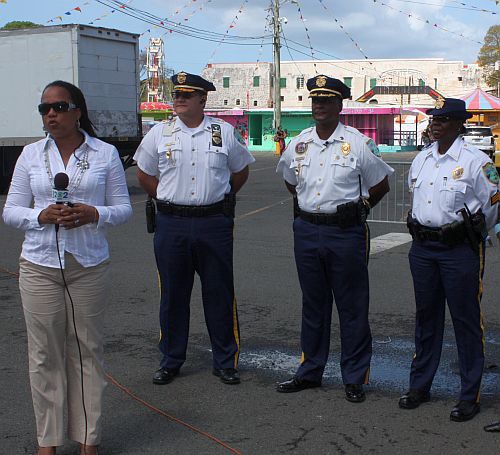 VIPD Public Information Officer Melody Rames, flanked by Police Chief Rodney Querrard Sr., Deputy Police Chief Dwayne DeGraff and Police Sgt. Rosalyn Jarvis, talks about Carnival safety during this year's press conference.