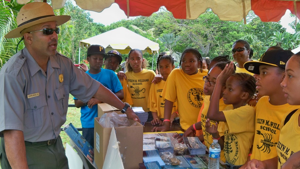 Benito Vegas of the National Park Service talks to students about the coral reef at Buck Island.