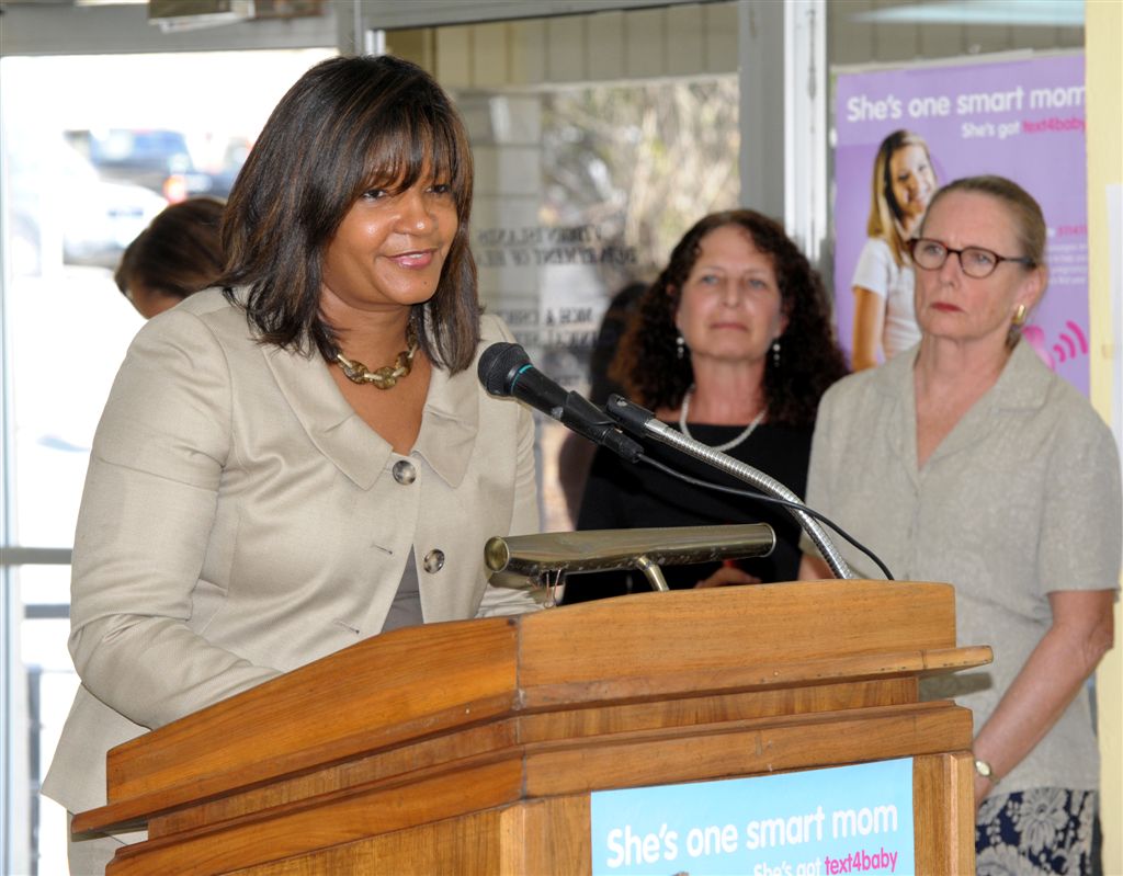 Speaking at the podium Tuesday, First Lady deJongh said the Text4baby initiative is another way to "help improve healthy child outcomes."