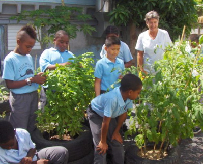 Kathleen Taylor and students tend the garden at Ulla Muller Elementary School.
