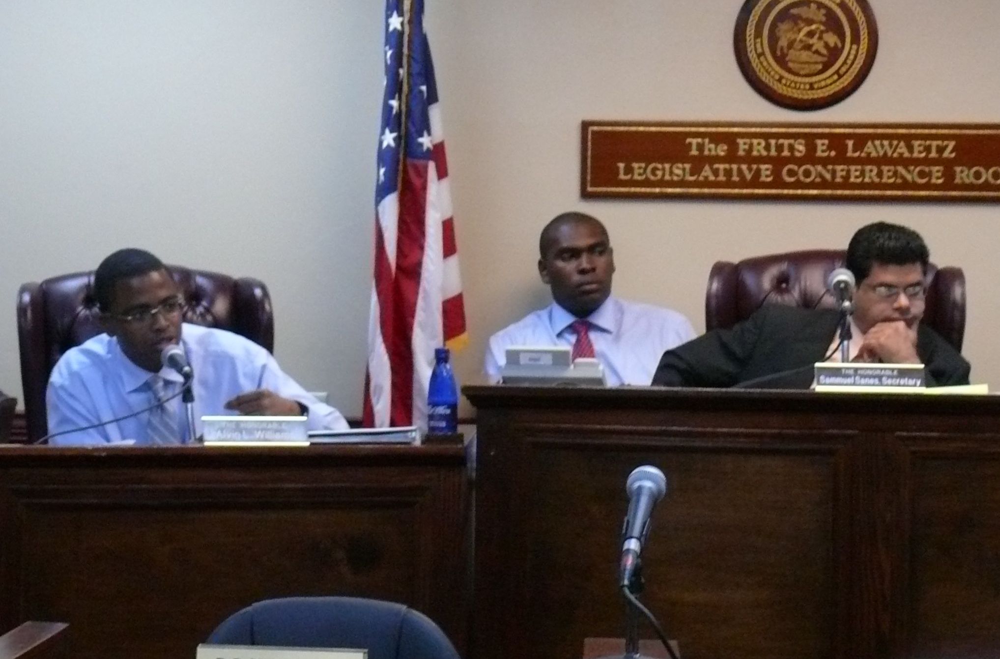 Sen. Alvin Williams (left) asks a question during Monday's hearing.