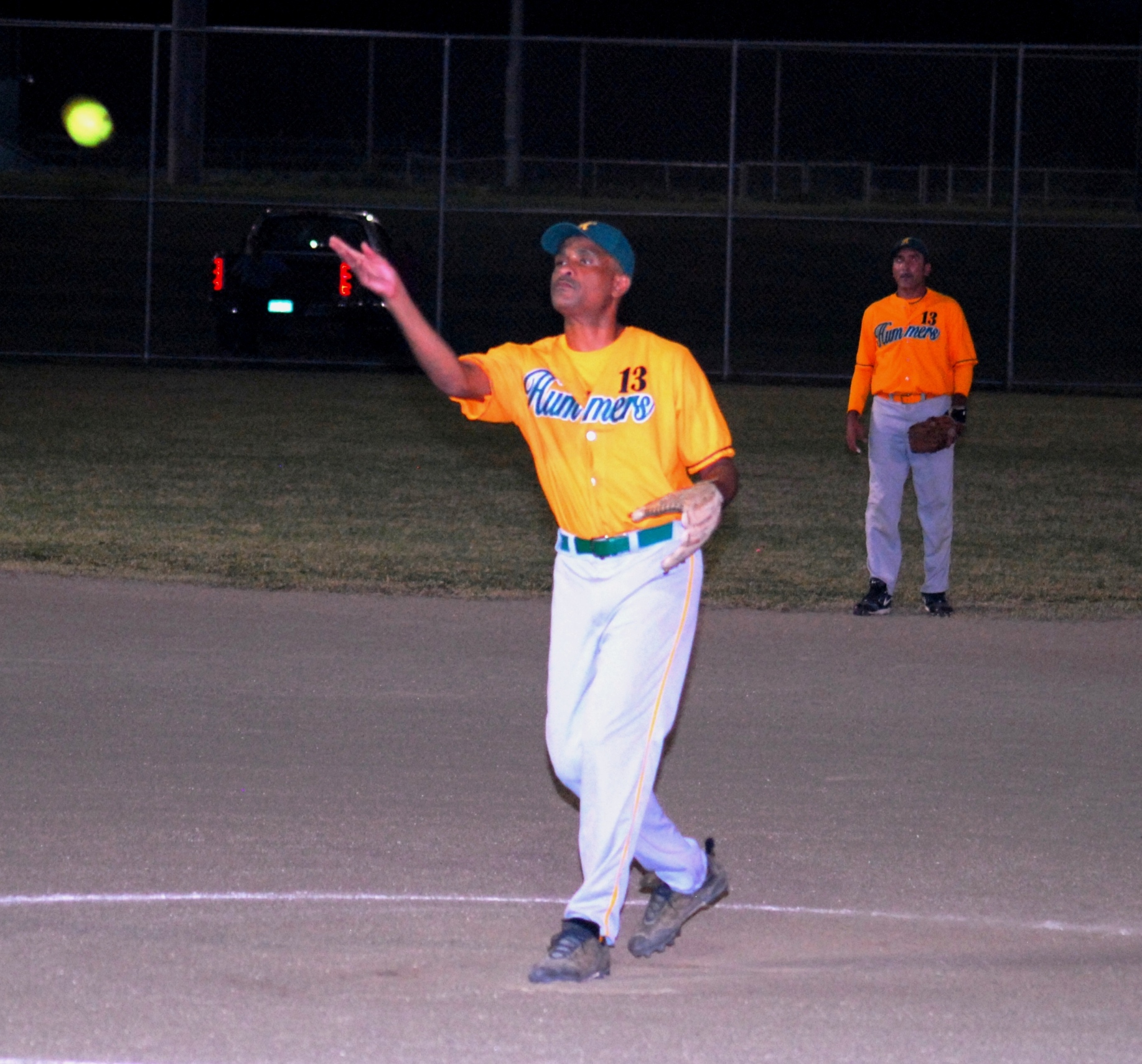 Hummers ace Jerry Vialet shut down Softball Inc. in game two's late innings.