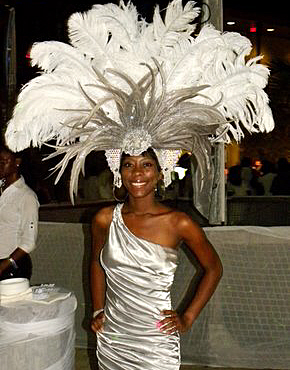 A Carnival-esque showgirl in white.