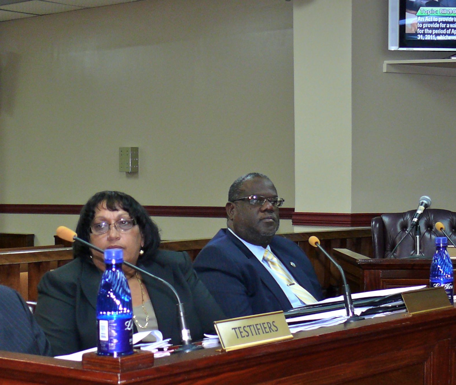 Tax Assessor Bernadette Williams and Attorney General Vincent Frazer at Wednesday's Senate committee hearing.