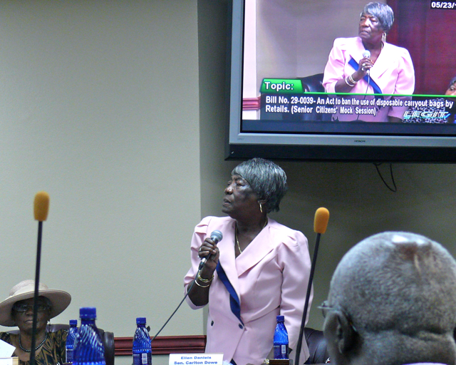 Senior Regina Joseph, playing the role of Sen. Sammuel Sanes, addresses the Senate floor.