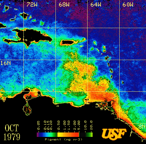 NOAA satellite image of Orinoco River nutrient plume in the Caribbean. (Image courtesy of NOAA)