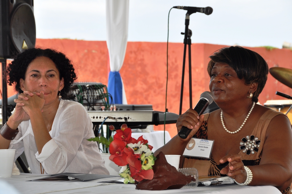 Sen. Nereida Rivera-O'Reillly and Humanities Council Chair Annie Smith give welcoming remarks at breakfast.