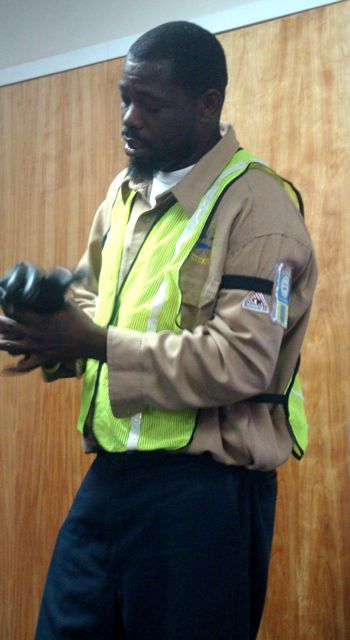 Electrical lineman Yauncey Milligan talks about his job during the WAPA board meeting.