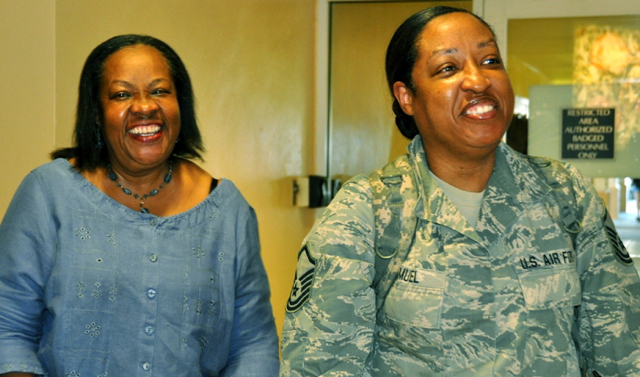 Renee Samuel, right arives at the Henry E. Rohlsen Airport with her mother, Leona.