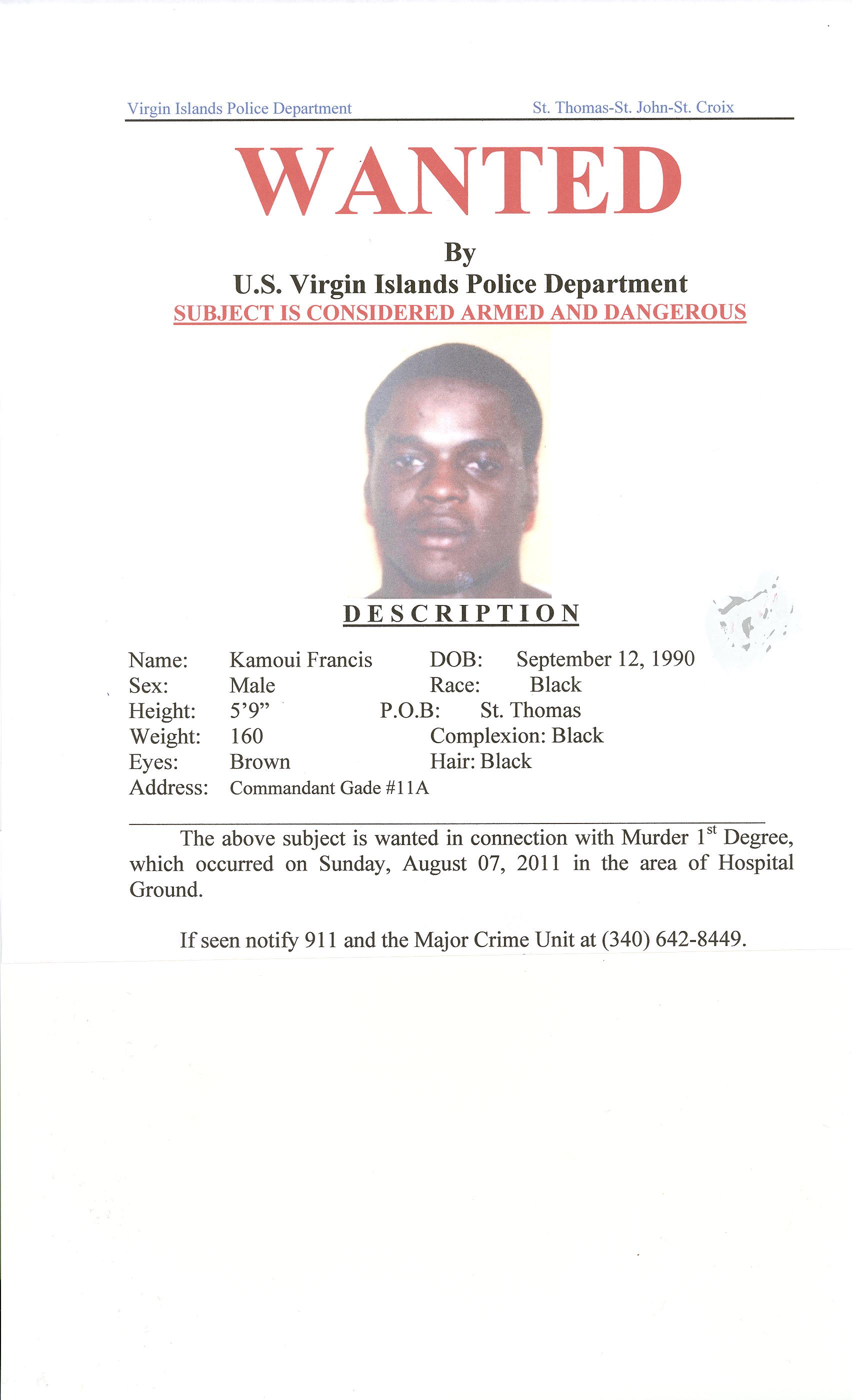 Kamoui Francis (pictured) and Issac Austrie are considered armed and dangerous (Photo VIPD).