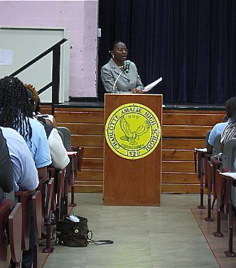 CAHS Principal Carmen Howell addresses students on the first day of the school year,