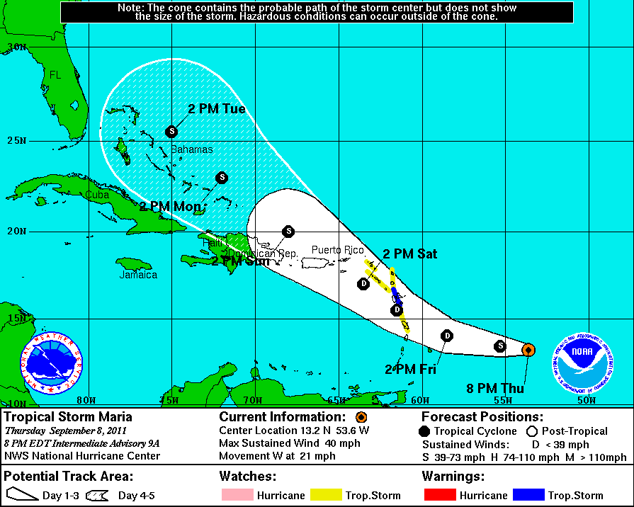 Hurricane Center map shows Maria's likey path right over the territory.