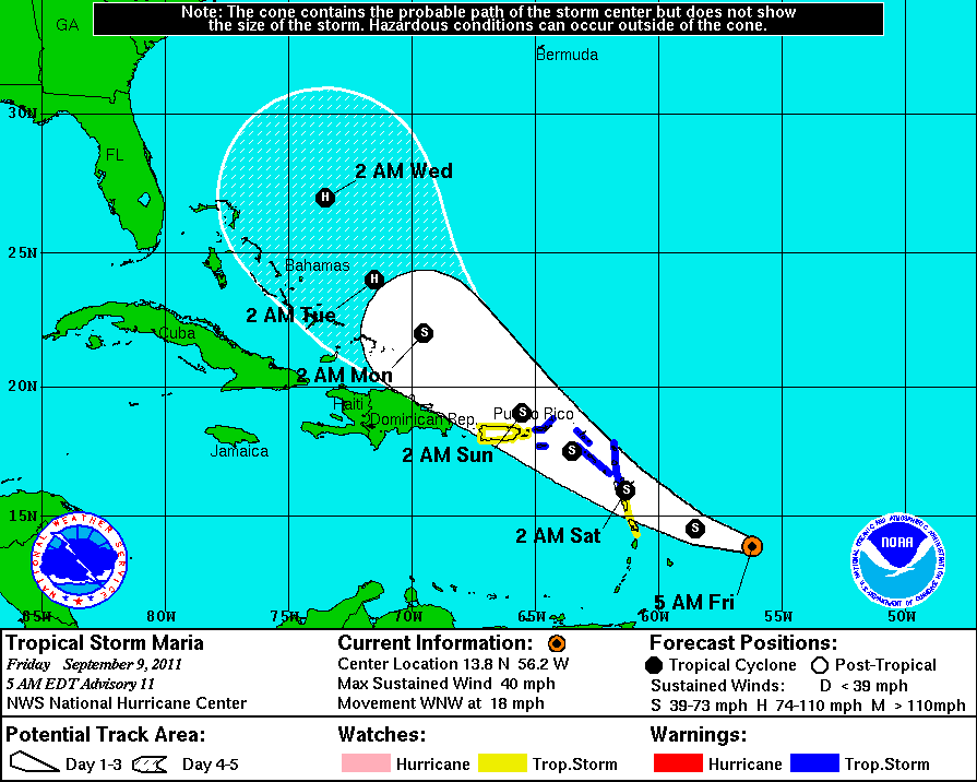 Tracking map from the National Hurricane Center shows Maria bearing down on the Virgin Islands.