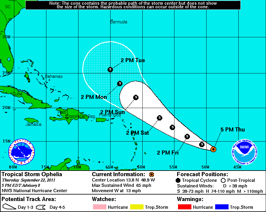 The projected storm track for TS Ophelia as of 5 p.m. Thursday (Courtesy National Weather Service).
