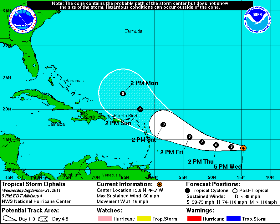 Tropical Storm Ophelia's projected track (Courtesy National Weather Service)