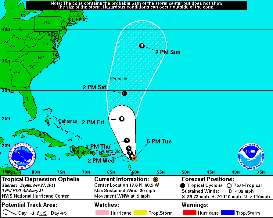 The projected track for Tropical Depression Ophelia, as of 5 p.m. Tuesday. (Courtesy National Weather Service)