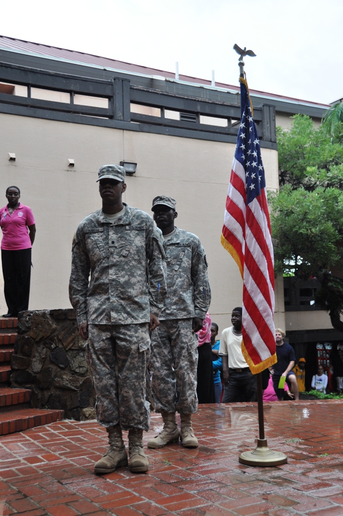 ROTC Cadets Elvor Narciss and Khalid Matthew post the flag for the  9/11 ceremony.