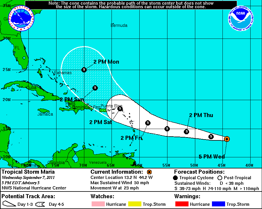 The projected storm track for Tropical Storm Maria (Courtesy National Weather Service)