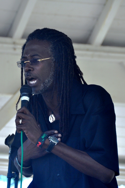 Sen. Terrence "Positive" Nelson addresses the crowd at the Labor Day Rally in Fort Christiansvaern.