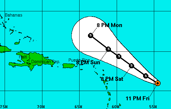 Forecast 3-day track of Tropical Storm Ophelia. (NOAA image)