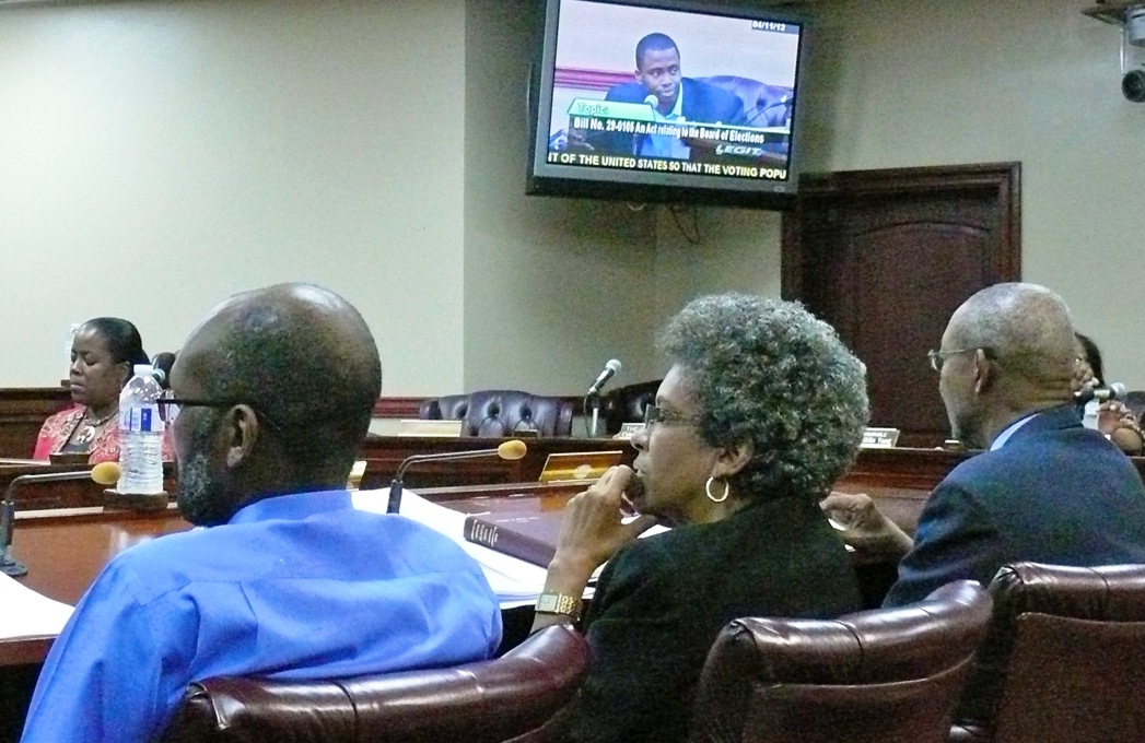 St. Croix Board of Elections Supervisor John Abramson and members Lisa Moorhead and Rupert Ross testify in Frederiksted Wednesday.