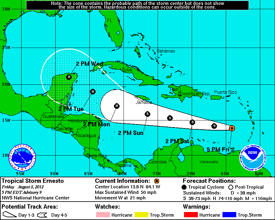 Ernesto is expected to pass 250 miles south of St. Croix at 10 p.m. Friday.