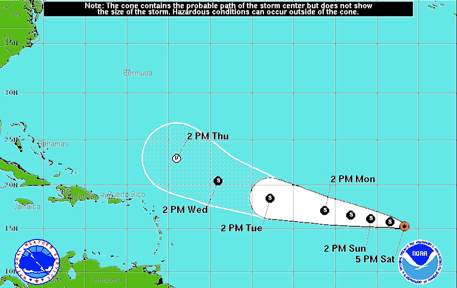 NOAA map plots probable course of Florence, veering northwest of the territory.