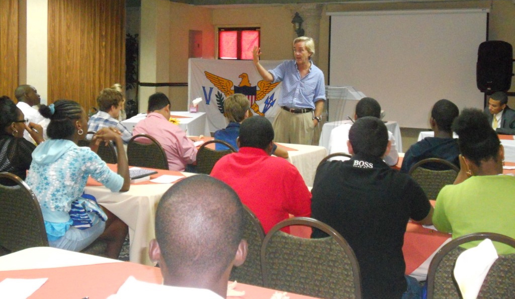 Stanford University professor Jim Steyer talks to a class of V.I. youth about how technology has changed youth. 