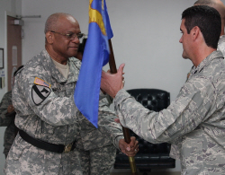 Maj. Gen. Renaldo Rivera (left) hands command of the 285th Civil Engineering Squadron to Lt. Col. Chad Warren.